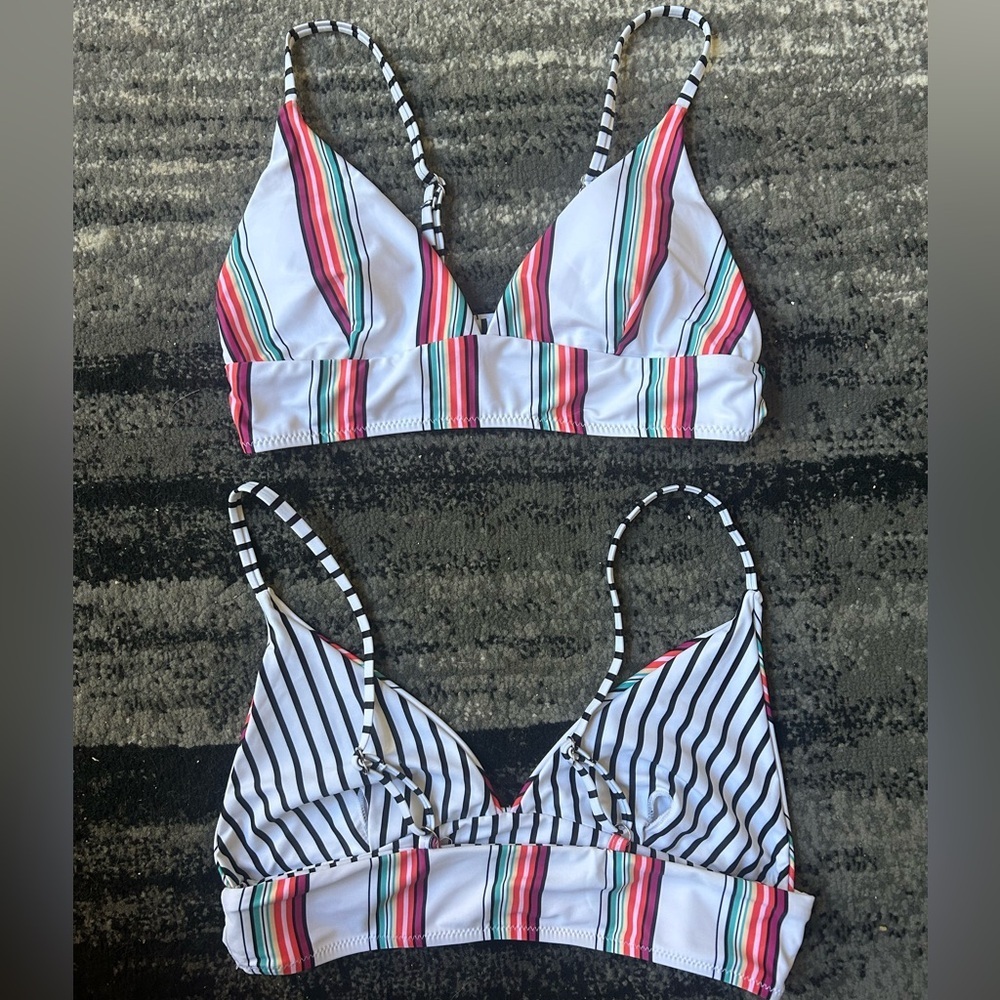 Colorful Striped Triangle Bikini With Black And White Striped Lining